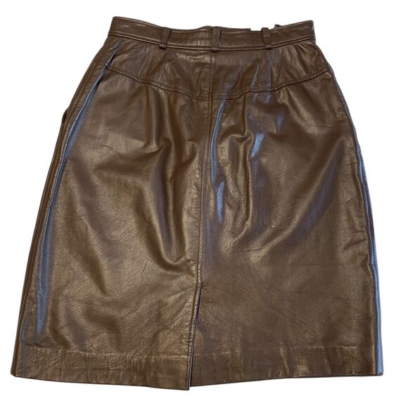 Vintage 80s Brown Leather Skirt Size 8 Zip Up Pockets Straight Lined Knee Length - Picture 7 of 9